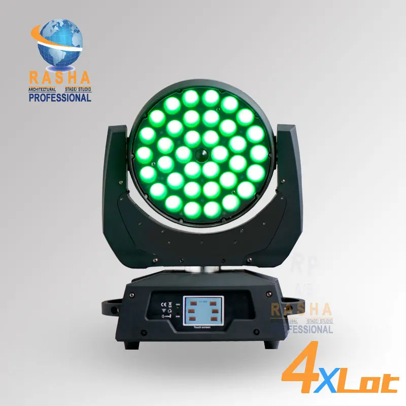 

4pcs/LOT Rasha 36pcs*18W 6in1 RGBAW+UV Zoom LED Moving Head Wash With Touch Screen LCD Diplay,DMX IN&Out, Powercon 110-240V
