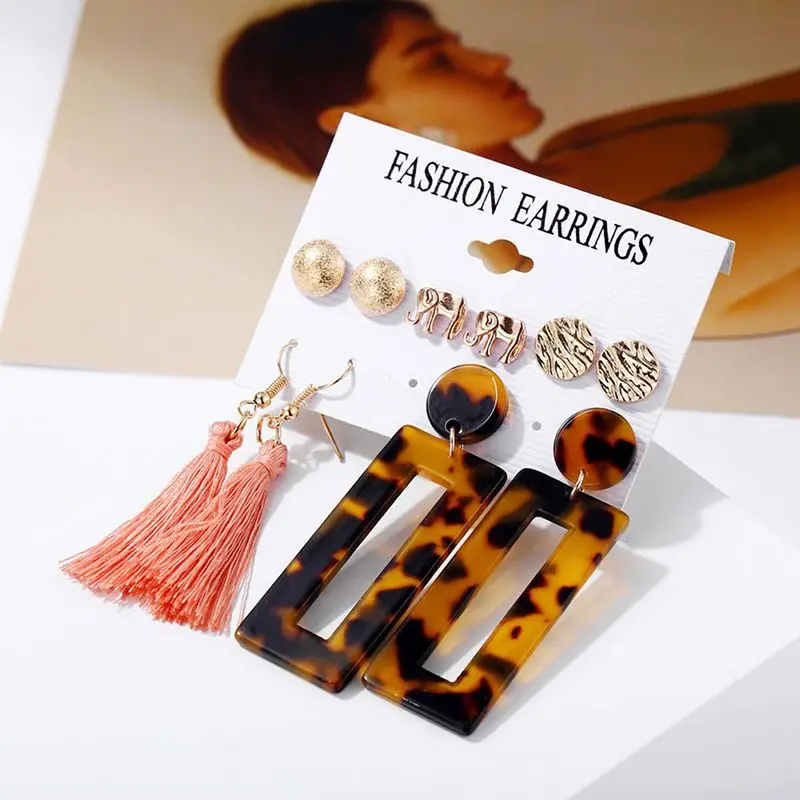 

5 Pairs/set Earrings Women Vintage Geometry Leopard Tassel Acrylic Leopard Fringe Dangle Drop Earrings Female Fashion Jewelry