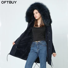 OFTBUY Новая зимняя Женская куртка базовое пальто натуральный мех енота воротник карманы Свободные темно-синие теплые толстые с капюшоном Длинная парка