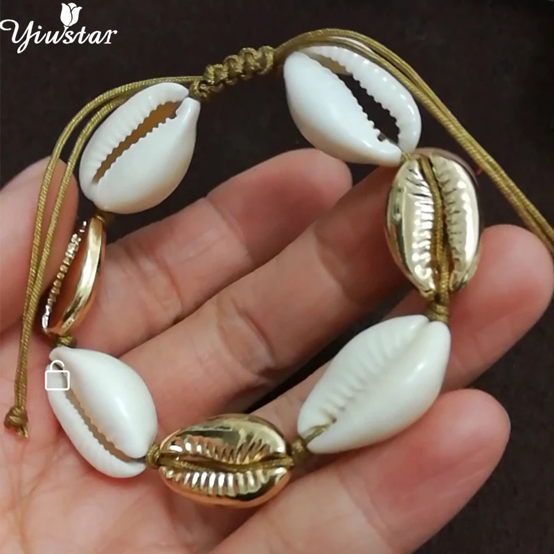 

Yiustar Boho Shell 1Pc Bracelet Handmade Seashell Adjustable Bracelets Gifts Golden Rope Chain Bangles Knit Natural Sea Jewelry