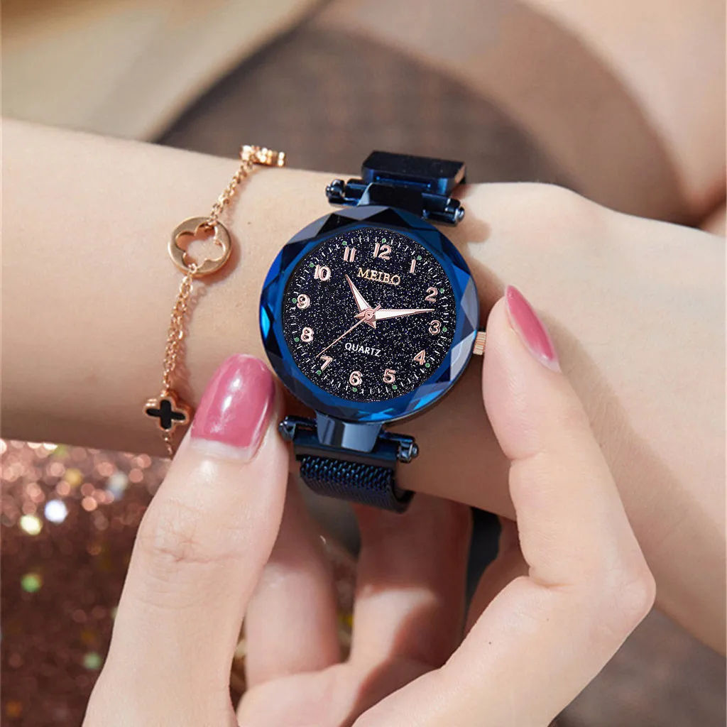 

Luxury Watch Women Dress Bracelet Watch Fashion 2019 Starry Sky Flat Glass Quartz Mesh With Magnetic Buckle Ladies Watch Clock