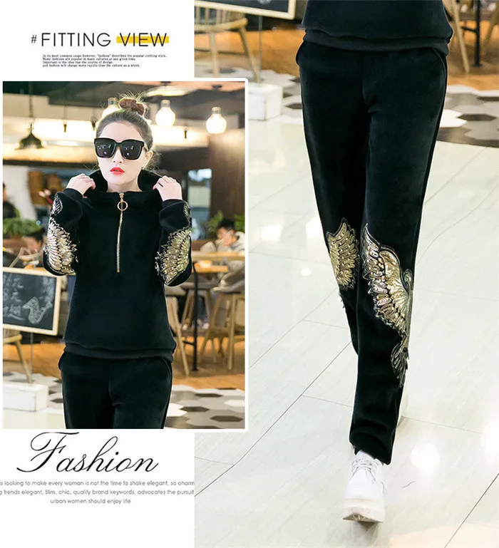 Autumn Winter Women's Gold Velvet Tracksuits Vintage Embroidery Hoodies Sweatershirts and Pants 2 Pieces Set Women