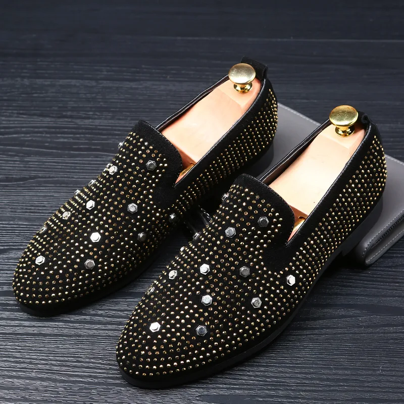 Red Bottom of Loafers Men Flats With rivet Diamonds Glitter Luxury ...