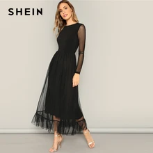 SHEIN Расклешенное Сетчатое Платье С Оборками Летнее Платье С Круглым Вырезом И Длинным Рукавом