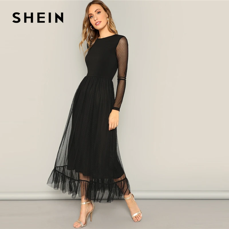 Prix SHEIN Fit et Flare Mesh superposition volants ourlet robe décontracté 2019 été col rond manches longues taille haute robes
