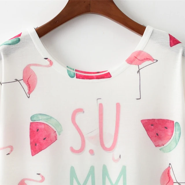 2019 Summer Women Short Sleeve O Neck T Shirt Flamingo and Watermelon Print Wemen's Clothing Lovely T-shirt Top Size M L XL
