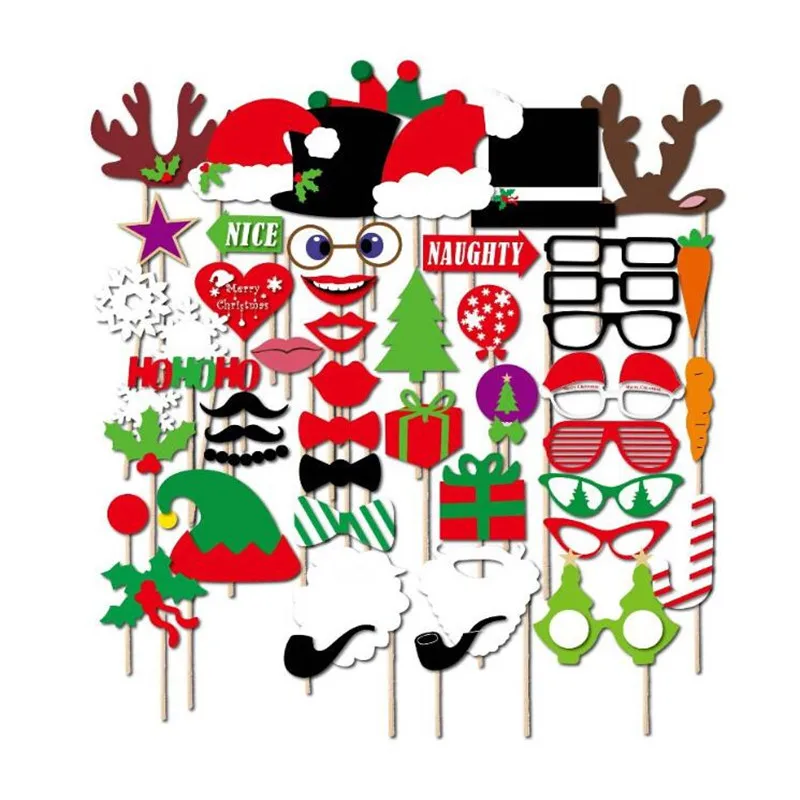 

New 50pcs Christmas Photo Booth Props Hat Antlers Paper Photo Props Holiday Party Dress Decoration Christmas Halloween
