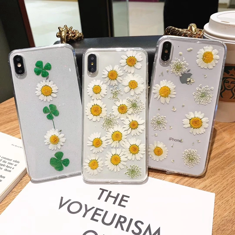 

Real Dried Flower Cases For iPhone X XS Max XR 6 6S 7 8 Plus Case Handmade Clear Soft Fresh Daisy Flower Phone Back Cover Capa