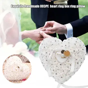 

New Hot 1pc Heart Shaped Wedding Ring Pillow Elegant Rose Rhinestone Decor Ring Cushion Ceremony Supplies SMD66