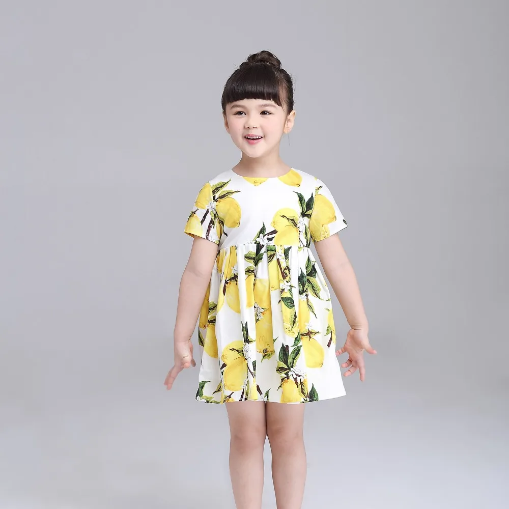 

Italy design European style girls dress sunflowers printed cotton short sleeve dresses for kids clothes