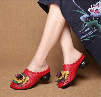 

RUSHIMAN 2018 Summer Genuine Leather Slides Slippers Handmade Flower Genuine Leather Slides Slippers Handmade Flower