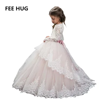 

Two Layer Big Crown Kids Girls Wedding Dress Elegants Long Sleeve Princess Girls Party Dress Birthday Lace Bow Dresses For Kids