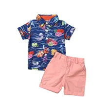 Коллекция года, модные комплекты одежды для маленьких мальчиков летние топы с принтом морских животных из 2 предметов, рубашки шорты на пуговицах, пляжные комплекты для мальчиков