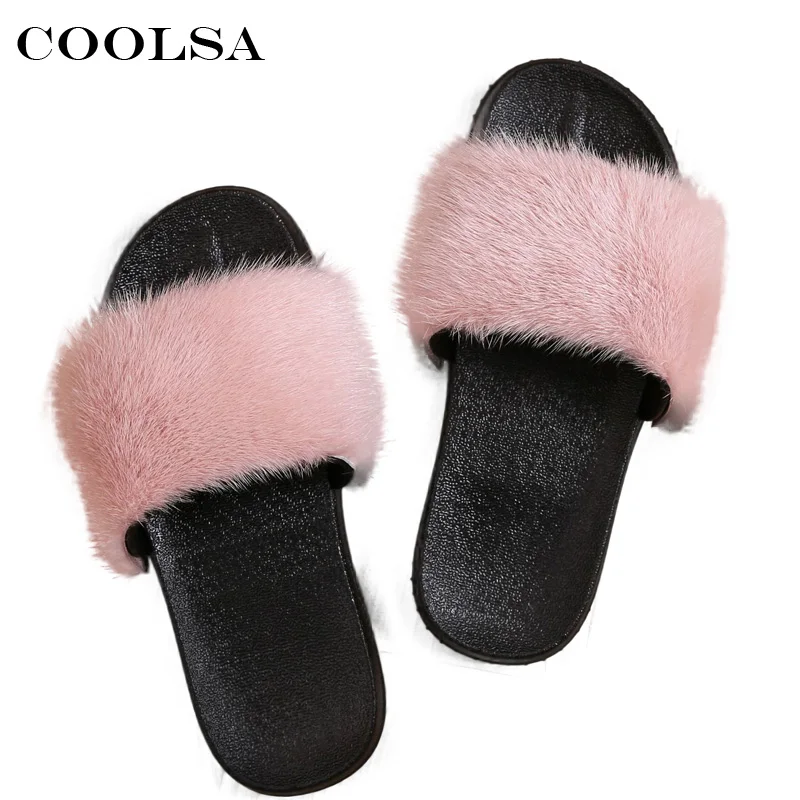 

Coolsa Luxury Women Real Mink Fur Sandals Fluffy Fur Slides Rubber Flat Non-slip Casual Home Slippers Soft Lady Large Size Shoes