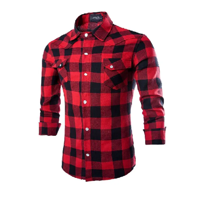 Men's Plaid Check Collar T-Shirt Long Sleeve Casual Slim Fit Shirts Tops Blouse 