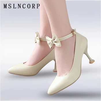 

Plus Size 34-46 fashion Ankle bowknot Buckle high heel shoes Pointed Toe women pumps nightclub slip on Dress Party Casual Shoes