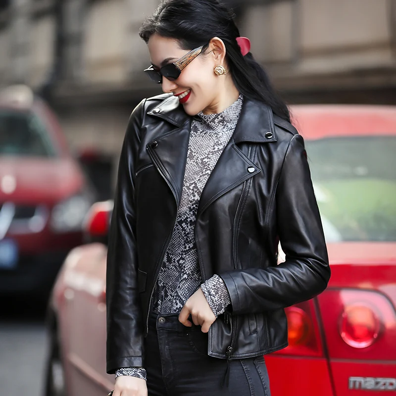 

PTSLAN Women's Genuine Leather Jacket Lady's Real Lambskin Coat Motorcycle Bomber P5200