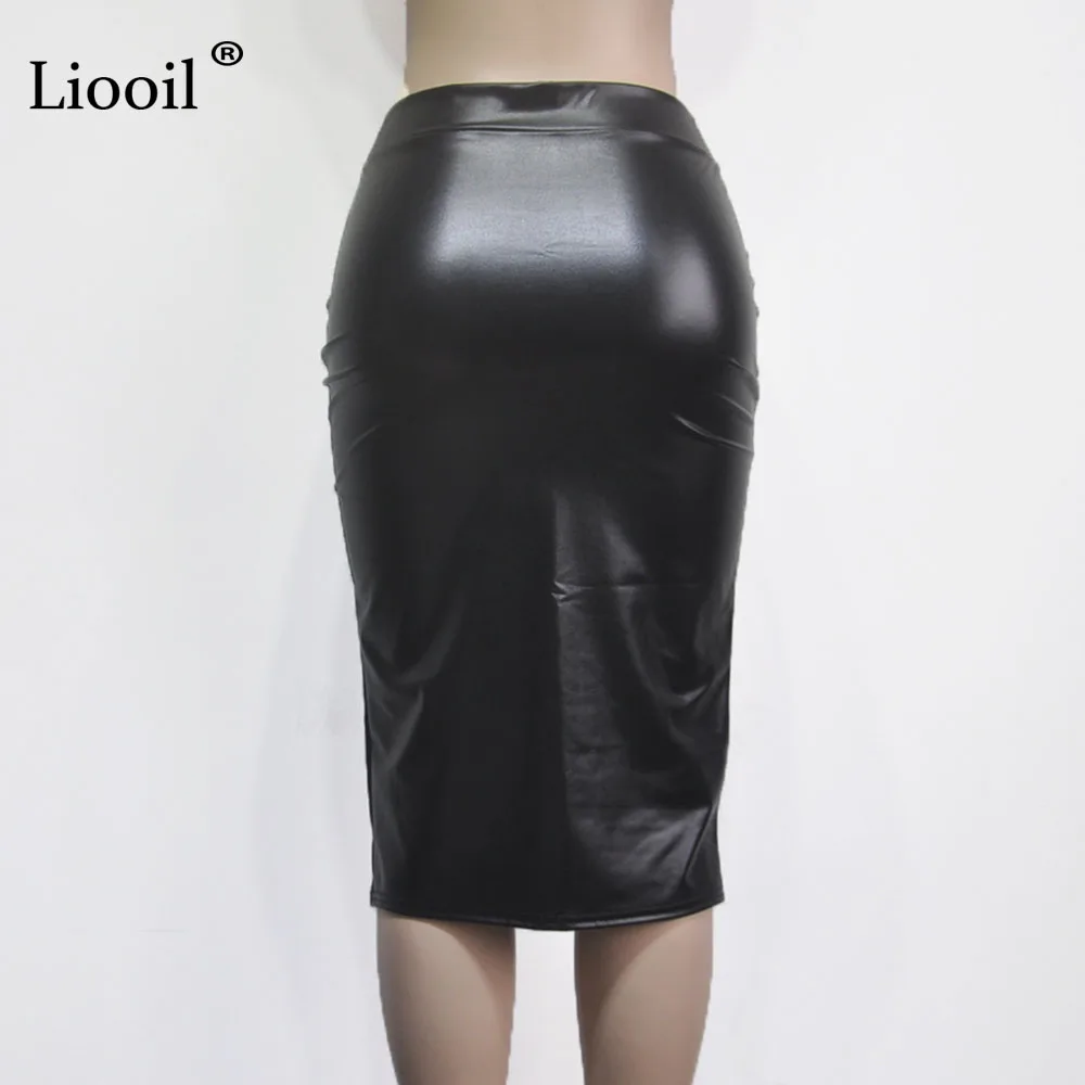 Liooil, Женская юбка из искусственной кожи, высокая талия, облегающая, весна-осень, элегантная юбка карандаш, сексуальные, вечерние, черные, синие, Женская юбка, офисная одежда