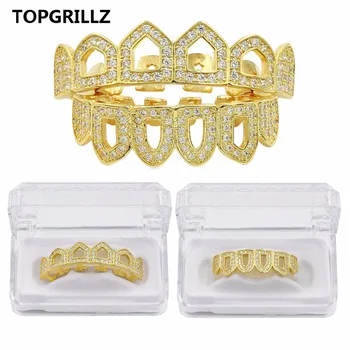 

TOPGRILLZ Grillz Micro Pave CZ Pure Gold Color Plated Top & Bottom Six 6 Open Face Iced-Out Hip Hop Grills Hollow Teeth Set