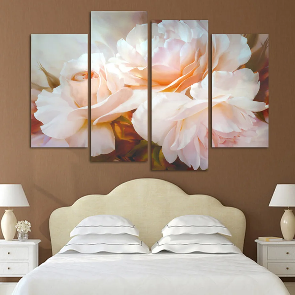 4 Panels Flower Pink Rose Wall Art Pictures Print On Canvas Painting