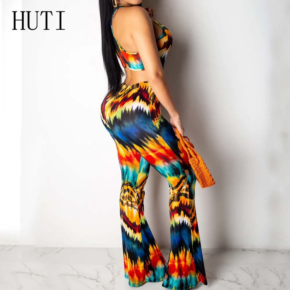 HUTI Summer Women Casual Sleeveless V-Neck Jumpsuits Fashion Ladies Vintage Printed Bodysuits Hollow Out Long Loose Trousers HUTI Summer Women Casual Sleeveless V-Neck Jumpsuits Fashion Ladies Vintage Printed Bodysuits Hollow Out Long Loose Trousers