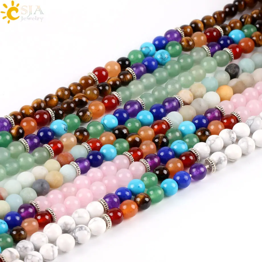 Women Necklace Natural Mala Gem Stone Bead Tassel 7 Chakra Tiger Eye Pink Quartz Howlite Reiki Boho Necklace
