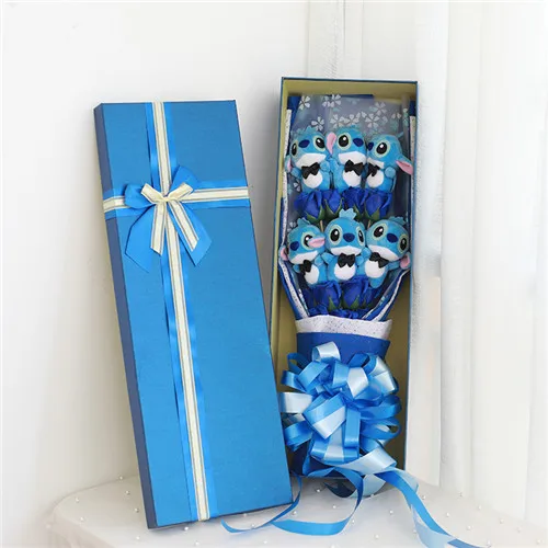 Lovely Cartoon Stitch Plush Toys Stitch Bouquet with Artificial Flowers For Valentine's Day Wedding Party Decoration - Цвет: blue stitch with box