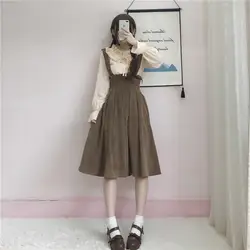 Для женщин весенние тонкие Винтаж вельветовые плиссированные юбка-трапеция Мори девушка милый Японский Элегантный дизайн подтяжки для