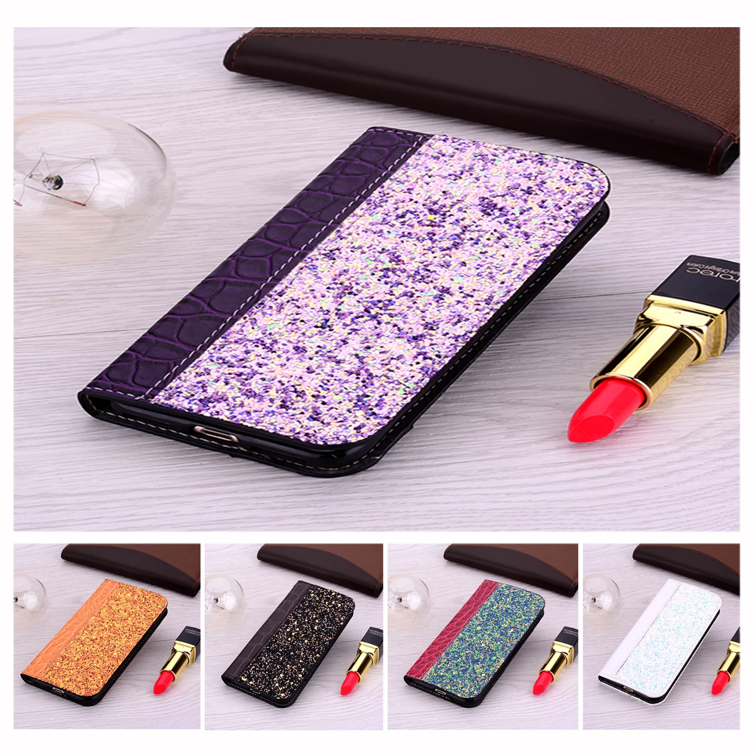 

Glitter Flip Case for Samsung Galaxy J4 J6 EU J7 Prime 2018 A40 A70 S10 Note10 A20e A2Core M10 One Luxury Crocodile Wallet Cover