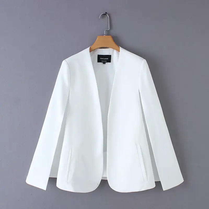 2019 Women elegant black white color v neck split casual cloak coat office lady wear outwear suit jacket open stitch tops CT237