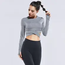 Женская футболка с круглым вырезом и длинным рукавом, однотонная Короткая Йога, фитнес крест-накрест летняя Йога Черная, серая, белая футболка