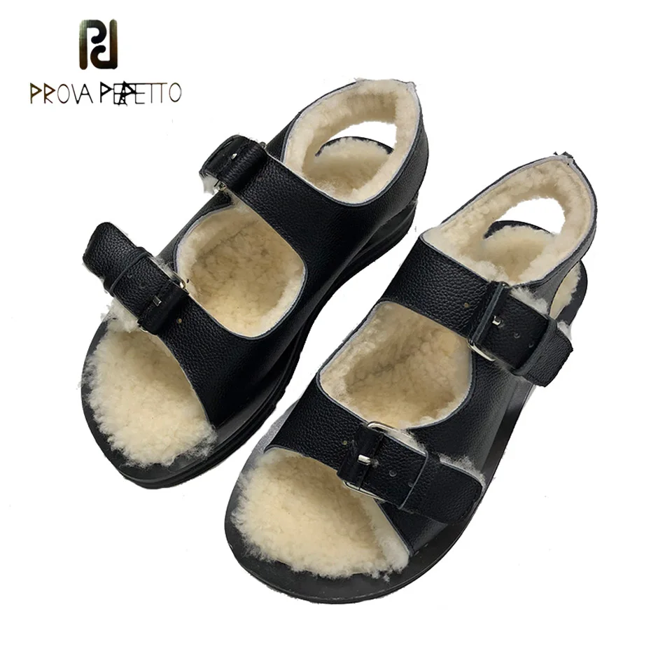 

Prova Perfetto autumn spring cow leather flat heel sandals real fur thick bottom gladiator shoe buckle strap women causal sandal