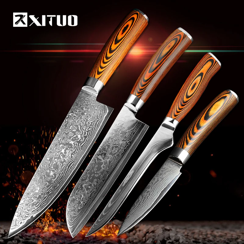  XITUO 4 pcs Kitchen Knives Japane Damascus Steel Knife Chef Boning Paring Utility Color Wood Easily - 32862844138