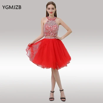 

Red Homecoming Dresses 2019 Ball Gown Halter Beaded Crystal Two Piece Short Prom Dress 8th Grade Graduation For Party Girls Gown