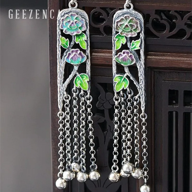 

925 Sterling Silver Handmade Craft Cloisonne Drop Earrings UniqueEthnic Vintage Lotus Long Dangle Earring Fine Jewelry for Women