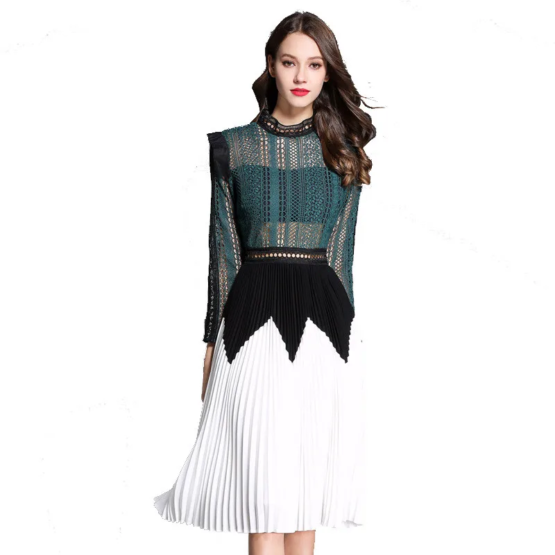 

2018 Summer Newest Women Lace Chiffon Runway Dress Female Hollow Out Patchwork Pleated Dresses Woman Vestdios