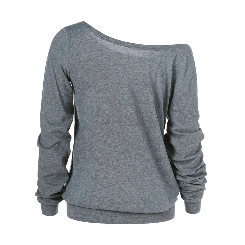 New Women Sweatshirt Autumn Plus Size Long SleeveHalloween Skull Print Skew Collar Plus Size Sweatshirt Blouse Top Outwear #4F05 (1)