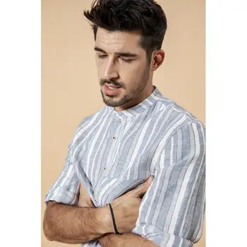 Mandarin Collar Casual Striped 3/4 Sleeve Shirt 1