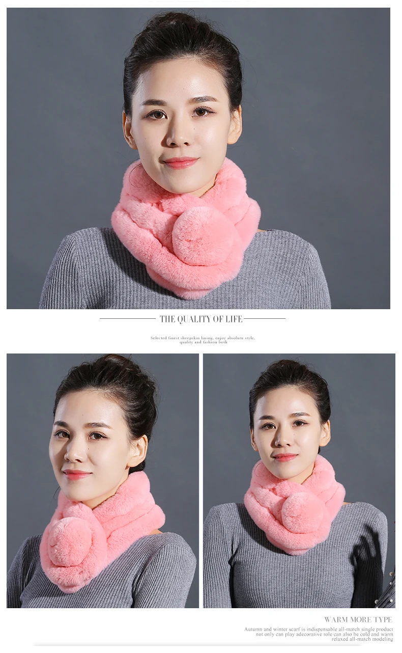  Women Fur Scarf Ball Winter Real Rex Rabbit Fur Scarves Collar Female Warm Neck Color Pompoms cachecol  (3)