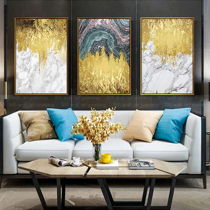 3 шт. абстрактные картины в виде золотых листьев на холсте для гостиной