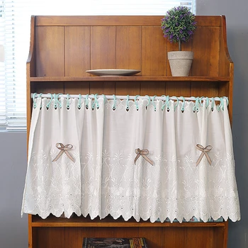

Senisaihon Pastoral Lace Half-curtain Cotton Embroidery Bow Tie Curtains Hem Decoration Coffee Curtains for Kitchen Cabinet Door