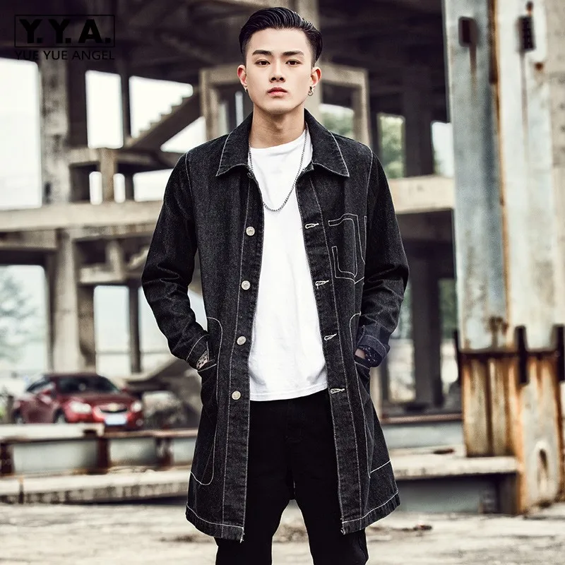 

Plus Size 5XL Casual Mens Long Windbreaker Fashion Korean Loose Single Breasted Turn-down Collar Denim Trench Coats Streetwear