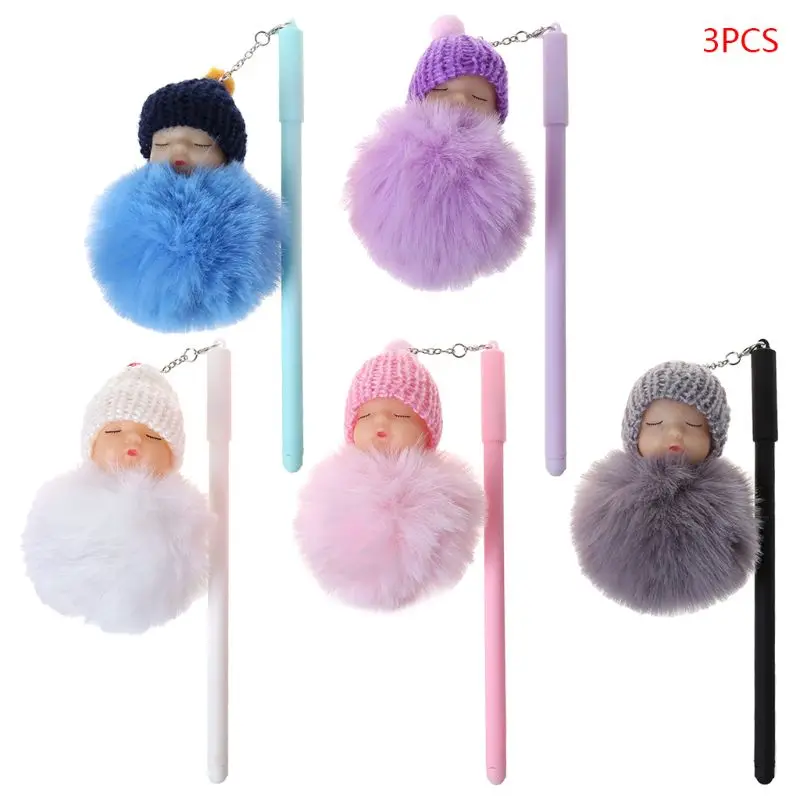 

3pcs/set Kawaii Cartoon Doll Baby Sleep Ball Plush Pendant Gel Pens Black Ink Signature Pens School Office Stationery Gift