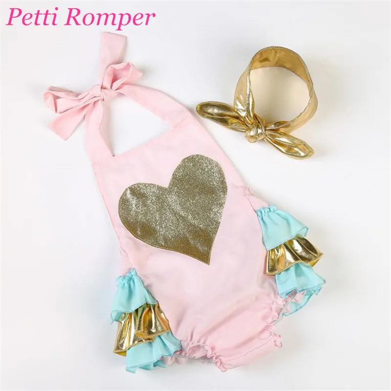 Summer Golden Heart Baby Girls Romper with Headband New Fashion PU