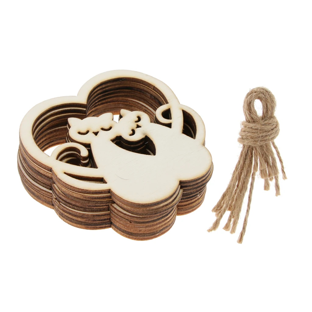 20PCS/Pack DIY Craft Wood Blank Cat Cute Pattern Embellishments Hanging Gift Tags Labels Ornament with String
