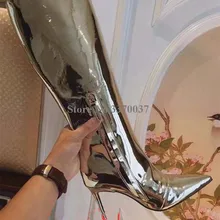 Очаровательные женские сапоги до колена из лакированной кожи серебристого цвета с острым носком; пикантные высокие сапоги на шпильке; сапоги на высоком каблуке