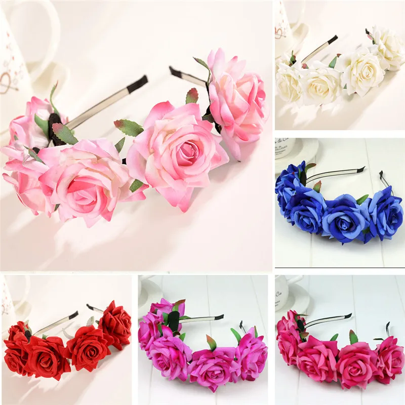 TEROKK Rose Flower Garland Floral Bride Headband Hairband Wedding Party Prom Festival Decor Princess Floral Wreath Headpiece
