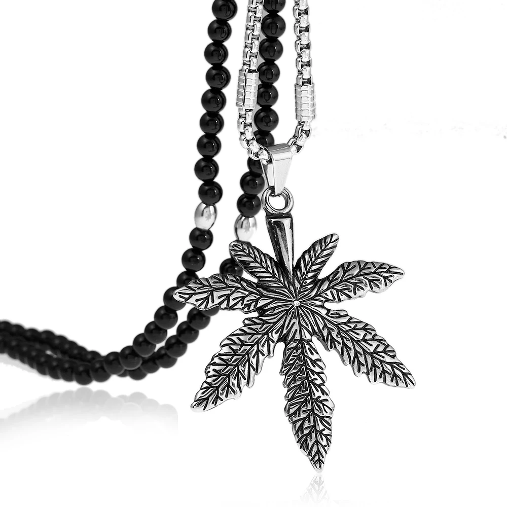 

Maple Leaf Charm Necklace Stainless Steel Pendant For Men/Women Fashion Jewelry With Black Natural Stone Chain 26"
