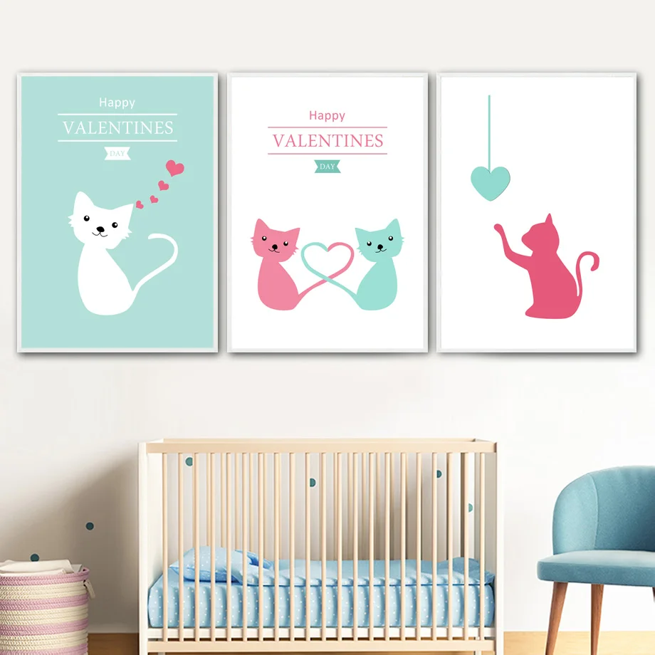 Nordic Poster Cartoon Cat Wall Art Canvas Posters And Prints Kids Room Canvas Painting Living Room Happy Valentines Day Decor