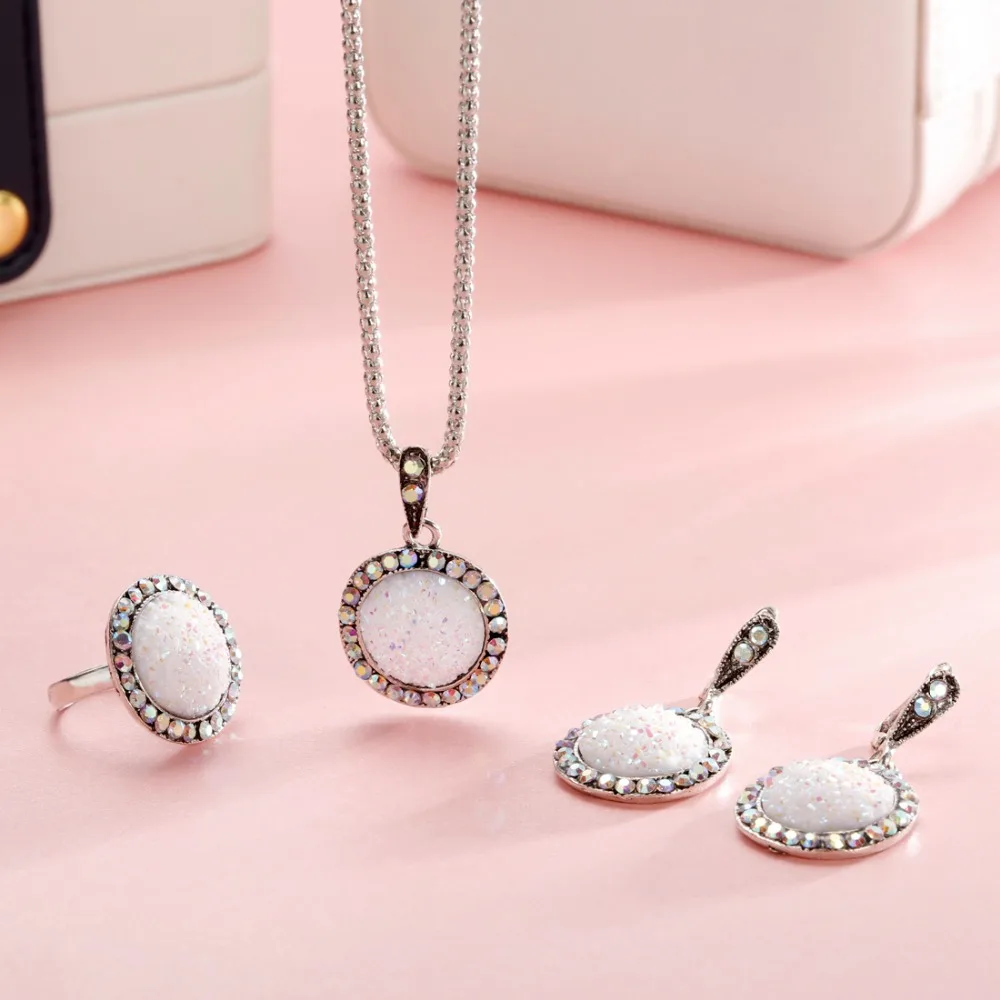 Hesiod новые модные блестящие серебряные бусы с цепочкой и кристаллами, круглый кулон, ожерелье, серьги, комплекты украшений для женщин, свадебные украшения